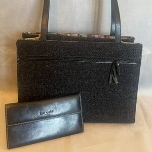 Kate Spade Black Heather Wool Satchel Purse with black leather wallet